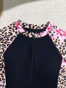 SHEIN Teen Long Sleeve Sun Protection Tropical Leopard Print Iris Floral Swimsuit Set, Suitable For Summer Beach Vacation, Holiday, Swimming, Party, Pool - Multicolor - View 3