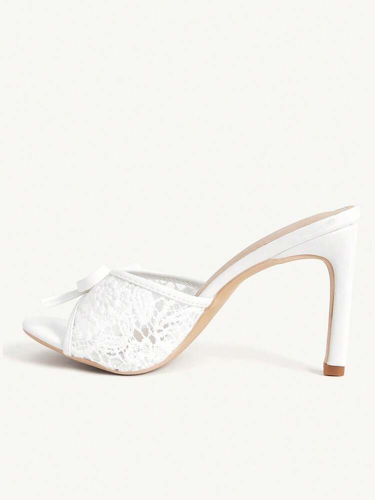 CUCCOO CHICEST Women's White, Black Lace Bow Muller High Heels Slippers, Open-Toed Mid-Heel Sandals, Suitable For Weddings, Parties And Dinner Occasions