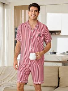 CoupledUp Men's Casual Striped Short Sleeve Letter Print T-Shirt And Striped Shorts Pajama Set - Hot Pink - View 3
