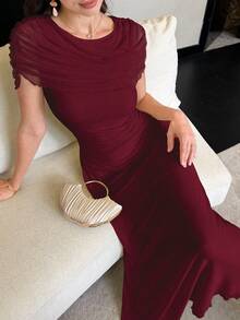 Modelyn 淡黃色薄紗褶皺後綁帶優雅法式風格女款婚禮長洋裝 - 酒紅色 - 查看 7
