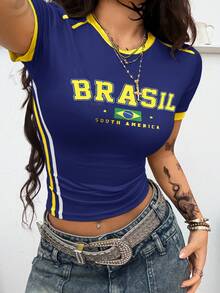 Coolane Women's Summer Streetwear Style Cool Basketball Jersey Design Letter Print White Top For Brazil Tops For Women Short Sleeve Top - Royal Blue - View 1