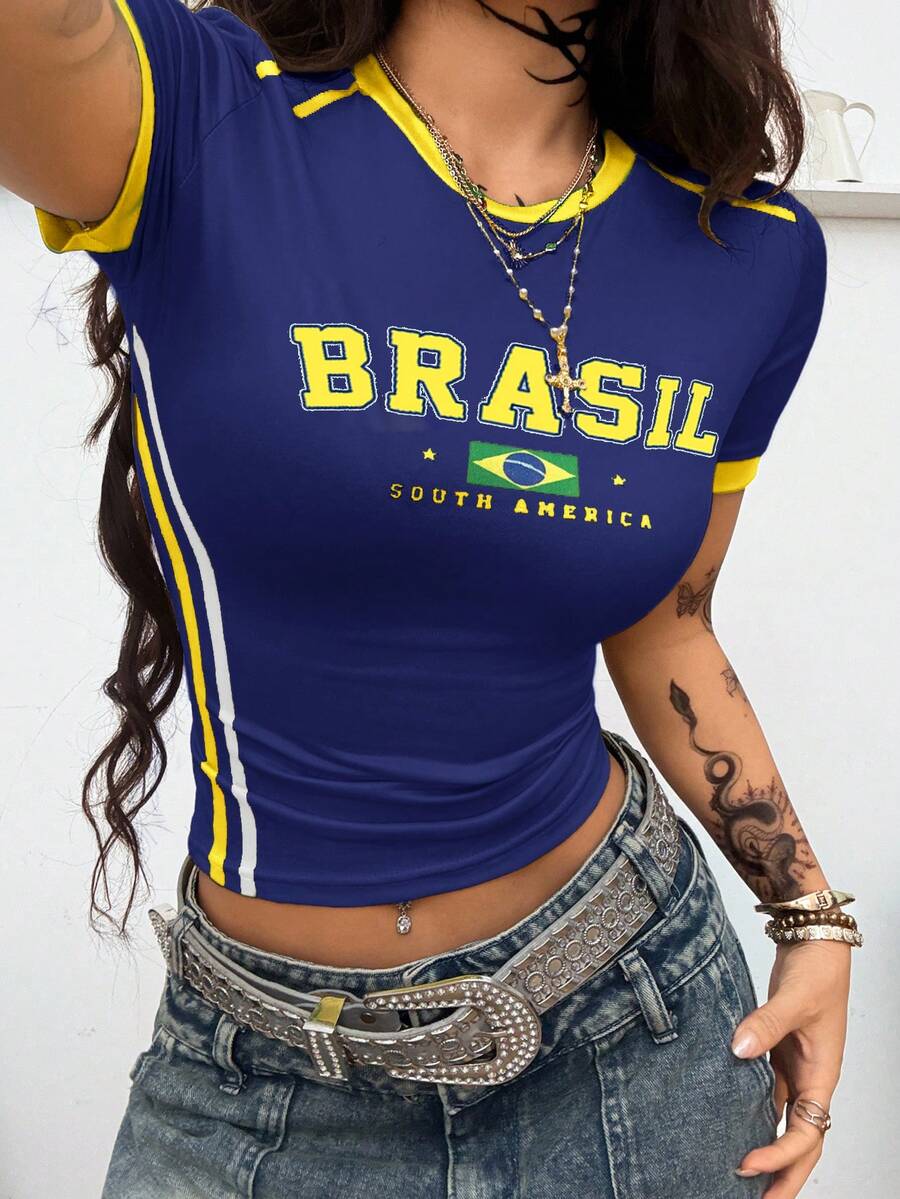 Coolane Women's Summer Streetwear Style Cool Basketball Jersey Design Letter Print White Top For Brazil Tops For Women Short Sleeve Top - Royal Blue - View 1