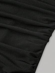SHEIN 少女秋冬露肩荷叶边网纱紧身约会黑色长袖连衣裙 露肩连衣裙 青少年黑色连衣裙 长款黑色连衣裙 女童网纱连衣裙 女童黑色连衣裙 万圣节连衣裙 女童黑色连衣裙 - 黑色 - 查看 5