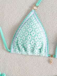 Vaytide Bolso triangular de estilo sexy para mujer con tela calada, unicolor, adorno de flor de concha y perlas - verde menta - Ver 4