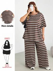 SHEIN CURVE+ Plus Size Women's Striped Short Sleeve Top And Wide Leg Pants Casual 2 Pieces Set - Multicolor - View 7