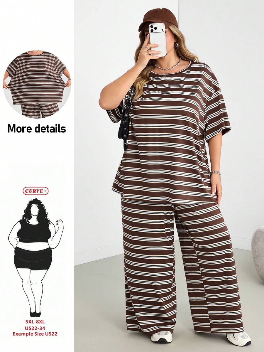 SHEIN CURVE+ 大尺碼女款條紋短袖上衣與寬腿褲休閒兩件套 - 彩色 - 查看 1