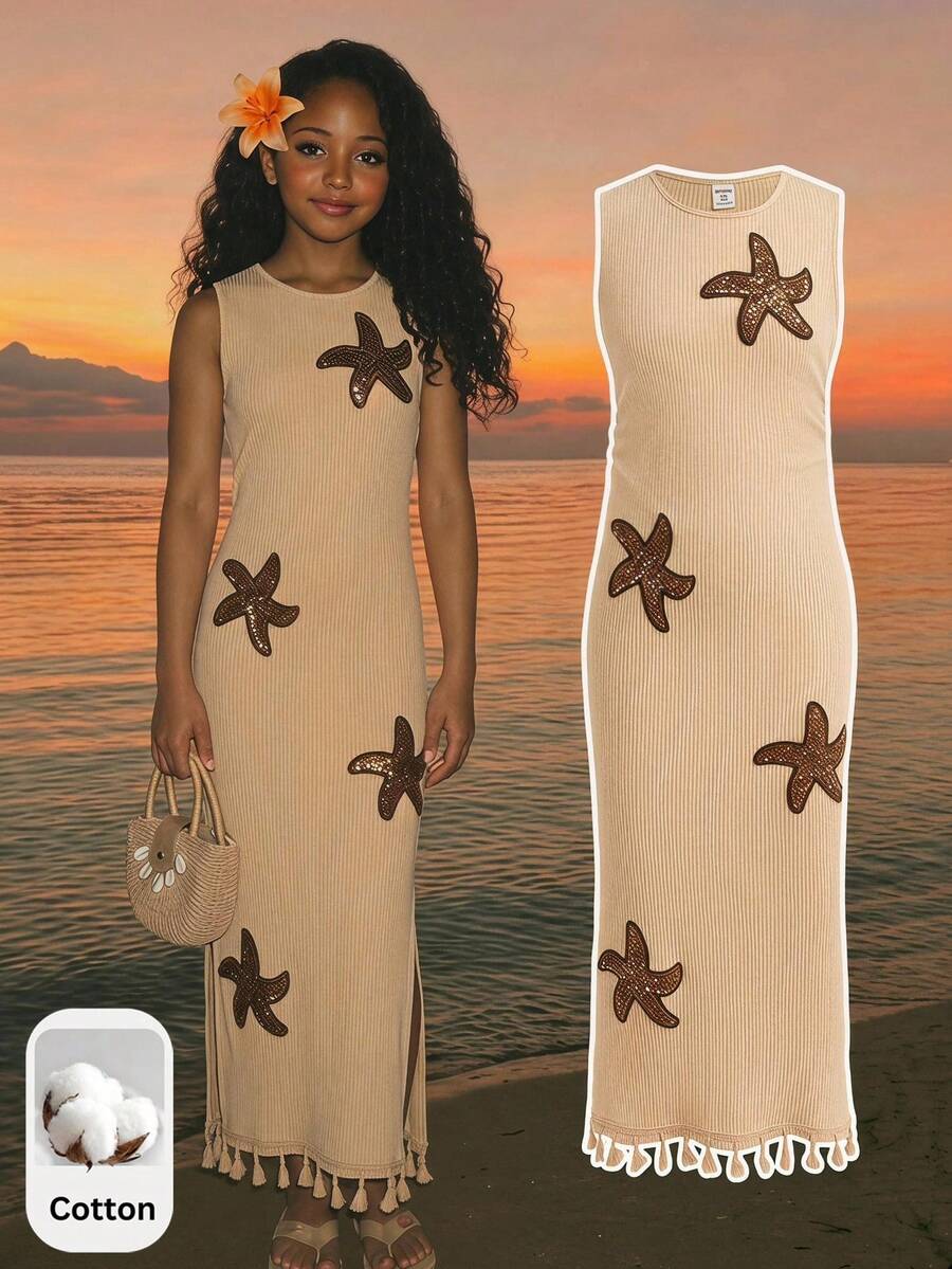 Tween Girls Waist Gathered Khaki Knit Fitted Midi Dress, Casual Versatile For Daily Wear, Suitable For Prom, Ceremonies And Various Occasions - Apricot - View 1