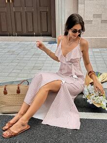 Serisse Women's Brown And White Ruffle Hem Slit Design Casual Coastal Elegant Tropical Party Beach Vacation Midi Strap Dress Summer - Multicolor - View 6