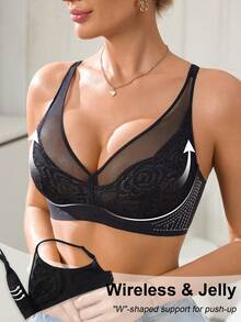 SHEIN 1pc Women Wirefree Soild Color Deep V Neck Lace & Mesh Patchwork,No Padding Detachable Multi-Strap Wearing Style Bra - Black - View 1