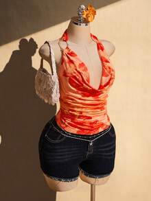 SHEIN ICON Plus Size Floral Print Ruffle Neck Backless Halter Top Beach Vacation Orange Summer - Orange - View 10