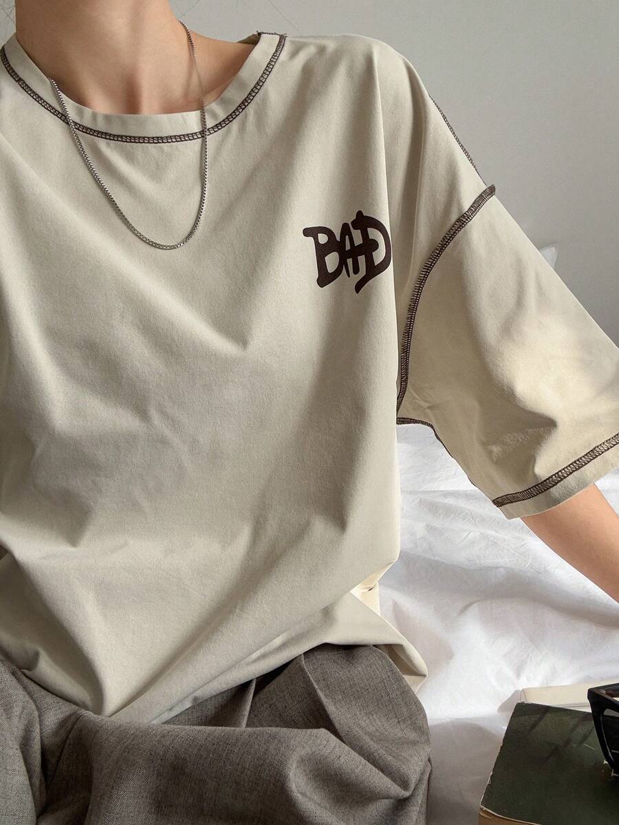 DAZY Color Block Contrast Stitching Decor Short Sleeve Women T-Shirt Summer Preppy Tops School - Khaki - View 1