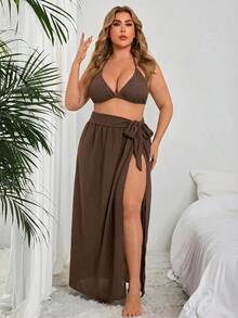 SHEIN Swim Curve 蝴蝶結繫帶休閒度假女款大尺碼罩裙 - 咖啡棕 - 查看 3
