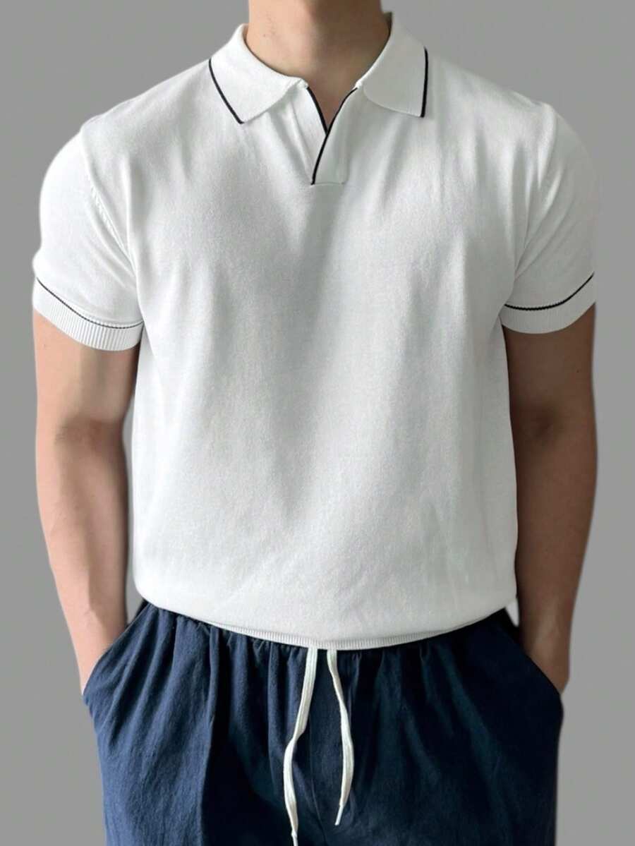 DAZY Men's Summer Half-Zip Solid Color White/Black Decorative Trim Knit Top - White - View 1