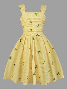 Girls' Patterned Fruit Cherry Digital Print Camisole Dress, Wide Strap, Comfortable Ruched Cute Outerwear, Summer Bestseller New Arrival, Sleeveless Midi Length, Premium Elegant Ball Casual - Yellow - View 3