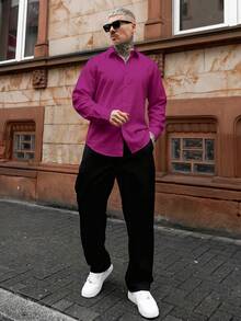 Artur Kramer 长袖正装衬衫，纯色简约时尚休闲日常穿搭，酒红色男士衬衫，紫色男士正装衬衫，商务休闲男士衬衫，秋季款，复古风格 - 玫紅色 - 查看 6