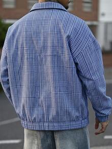 Devon Thys 男士休闲夹克，INS 街头潮流格子拉链宽松夹克，适合所有季节，适合音乐节和日常穿着，送给男朋友/丈夫的礼物，Y2K 风格，蓝色夹克，蓝色飞行员夹克，格子夹克，拉链夹克，秋季 - 藍色 - 查看 2