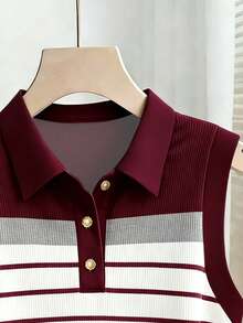 Resyla Plus Size Women's Red Striped Colorblock Digital Print Ribbed Casual Everyday Knit Polo Collar Sleeveless Tank Top - Multicolor - View 3