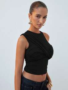 Hauture Women's Sexy Casual Solid Color One Shoulder Ruched Front Twist Top - Black - View 3