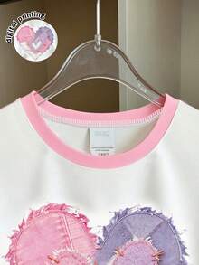 Girls' Casual Fashion Creative Heart Pattern Short Sleeve T-Shirt Set, Comfortable Daily Wear For Spring, Summer, Autumn - Multicolor - View 5