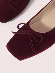 CUCCOO DOLLMOD Velvet Bow Square Toe Flat Bottom Low Vamp Shoes, Retro Burgundy Gentle Slouchy Soft Bottom Commuting Ballet Lady Shoes Fall Shoes - Burgundy - View 4