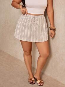 Elaquor Plus Size Women's Drawstring Waist White Colorblock Casual Boho Versatile Daily Vacation Skort Summer Beach - Multicolor - View 6