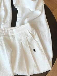 Resyla Pony Embroidery White Linen Pants Slouchy High Waist Slimming Straight Leg Vacation Autumn Casual - White - View 3