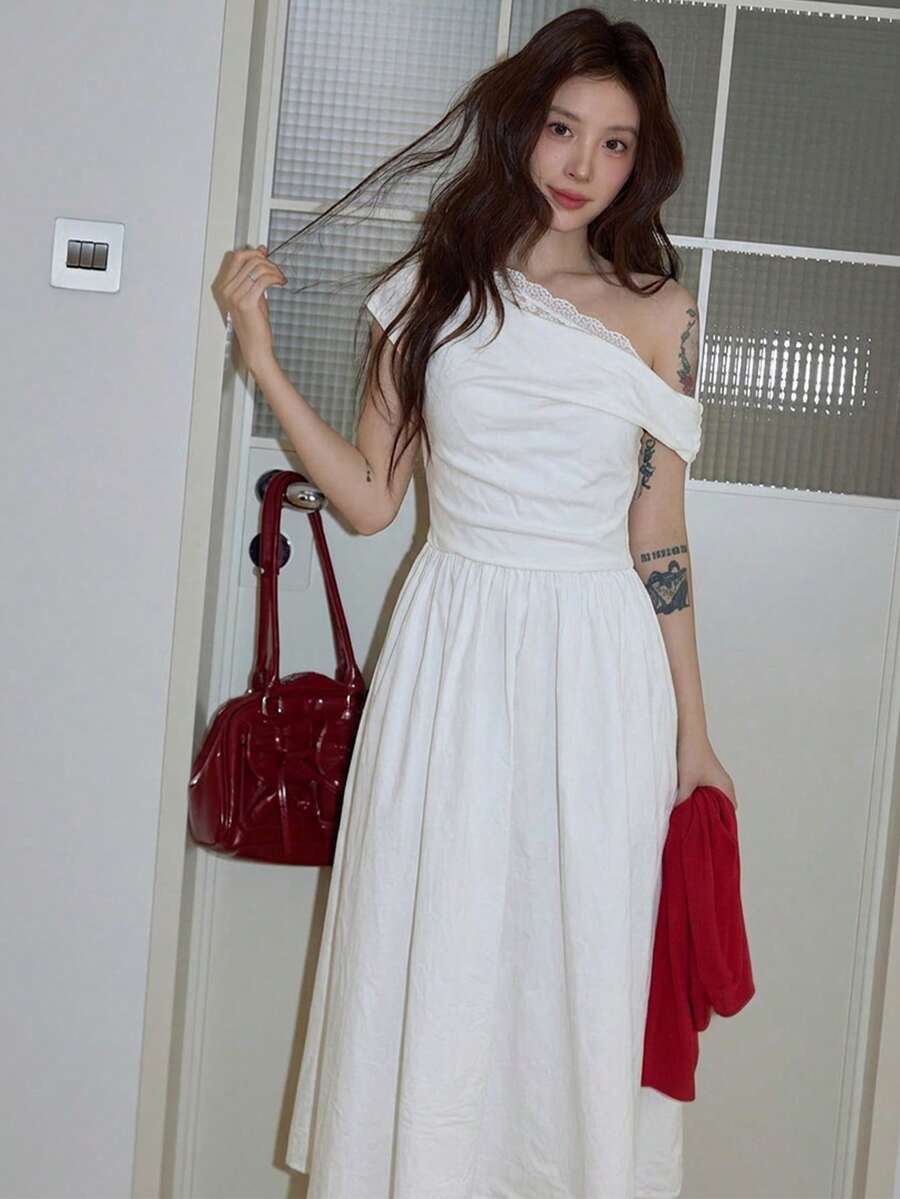 INAWLY White Lace Dress, Elegant French Style, Slimming, High-End Summer Dress For Women - White - View 1
