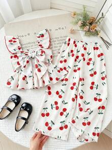LMoss Kids Red Flutter Sleeve Tank Top Set, Suitable For Toddlers In Spring, Summer And Autumn, Large Bow Design On The Back Of The Top Cherry Print Holiday Vibe - Red and White - View 5