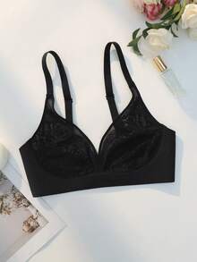 SHEIN 1pc Women Wirefree Soild Color Deep V Neck Lace & Mesh Patchwork,No Padding Detachable Multi-Strap Wearing Style Bra - Black - View 6