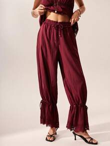 Willow Rêve Elegant Burgundy Lace Trim Drawstring Pants Vacation Holiday Summer Boho Style - Burgundy - View 1