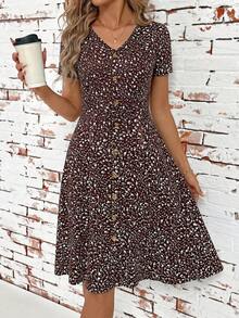 SHEIN Clasi Women's Ditsy Floral Midi Vacation Dress Vacation White Floral Summer Boho - Brown - View 4