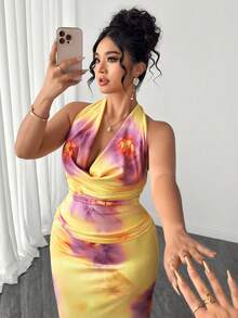 Elenzga Conjunto de 2 piezas de top con estampado floral de cuello de corbata elegante y falda maxi ajustada para mujer de talla grande - Amarillo - Ver 1