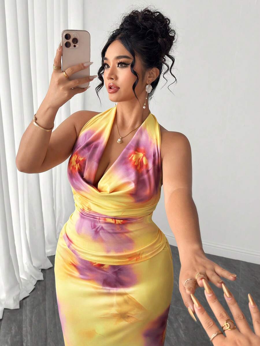 Elenzga Conjunto de 2 piezas de top con estampado floral de cuello de corbata elegante y falda maxi ajustada para mujer de talla grande - Amarillo - Ver 1