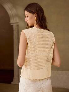 MOTF PREMIUM WOMEN'S EMBROIDERED FABRIC PATCHWORK SLEEVELESS BUTTON FRONT TOP - Apricot - View 2