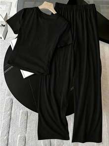 SHEIN 青少年女孩休閒日常百搭舒適寬鬆圓領短袖印花T恤與長褲套裝，夏季穿搭，柔軟針織，適合運動、外出、度假、旅行、學校、校園、大學等 - 黑色 - 查看 3