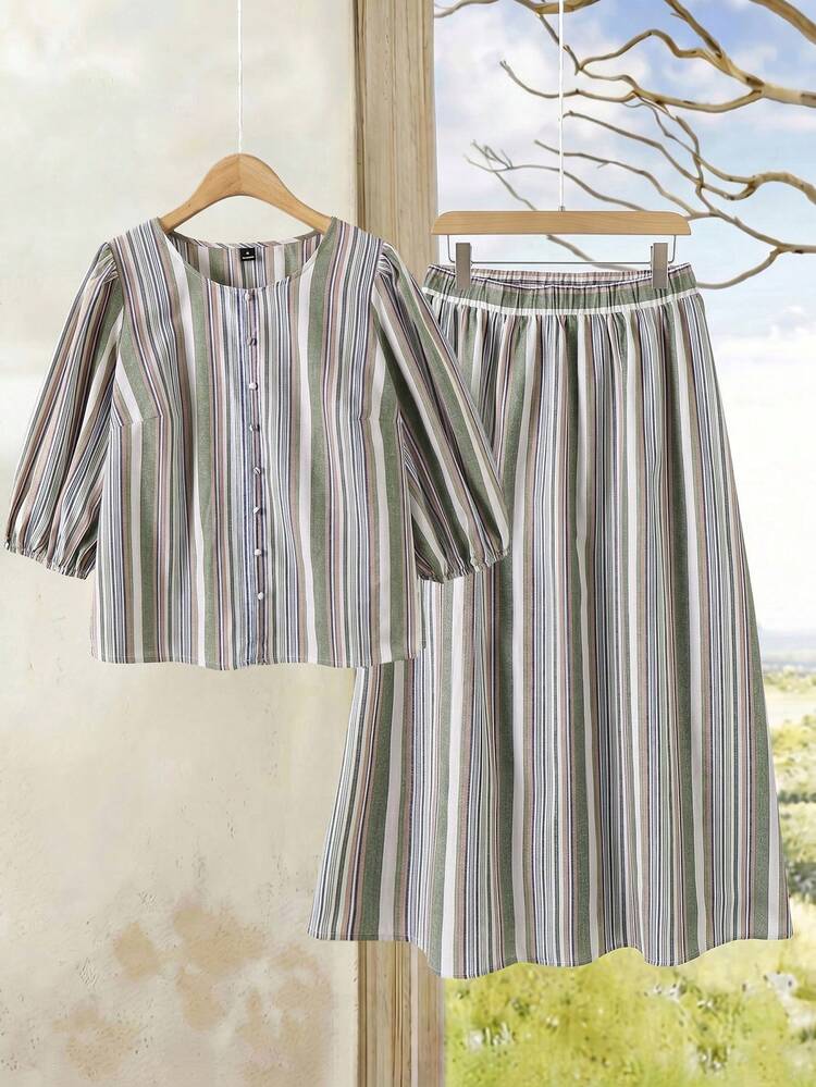 Plus Size Women's Striped Button Design Shirt And Skirt Casual Two Pieces Set