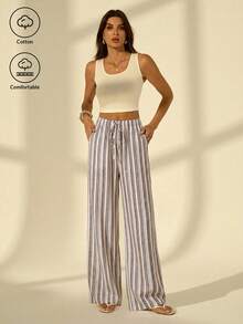 SHEIN Tall 女款休閒條紋直筒長褲，適合度假穿著 - 彩色 - 查看 5