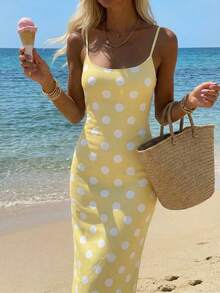 SHEIN EZwear 休閒極簡度假多巴胺色圓點單肩緊身洋裝，適合夏季、度假、圓點印花洋裝、圓點、波點、杜卡迪圓點、夏季洋裝，適合日常通勤、約會、聚會、秋冬夏、聖誕節、新年、感恩節、派對、婚禮、海灘 - 彩色 - 查看 7