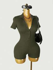 Mistrie Women's Fashion Ribbed Button Short Sleeve Fitted Romper - Army Green - View 3