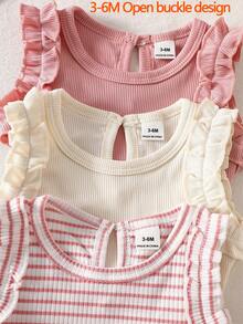 SHEIN Vintaside Kids 3 件套女婴夏季简约百搭甜美可爱柔软弹力休闲套装，包括纯色和条纹背心/马甲，适合居家、度假、日常穿着 - 彩色 - 查看 8