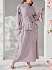 Veilorie Plus Size Women Solid Color Elegant Cheongsam Collar Top And Skirt 2pcs Set - Mauve Purple - View 7