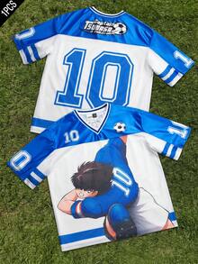 Captain Tsubasa X SHEIN STYNVO 男士極簡印花V領短袖T恤 - 白色 - 查看 1