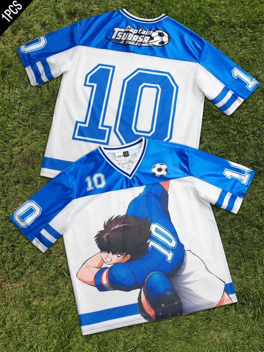 Captain Tsubasa X SHEIN STYNVO 男士極簡印花V領短袖T恤 - 白色 - 查看 1