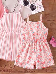 SHEIN Playful Pals 3件套女童夏季新款2026碎花条纹印花连体衣，简约百搭度假风连体裤 - 彩色 - 查看 5