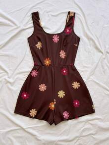 Soleia New Knitted Printed Square Neck Mini Jumpsuit Beach Brown Floral Summer Boho 90s - White - View 3