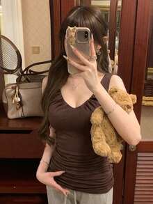INAWLY Camiseta de tirantes, camisa sin mangas con estilo coreano y espalda descubierta para mujeres - Marrón - Ver 6