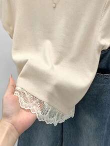 Franclia 女款春季/早春新款套頭毛衣針織上衣，黑白條紋拼接蕾絲貼布短袖，休閒百搭韓法風 - 杏色 - 查看 7