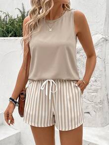 EMERY ROSE Plus Size Sleeveless White Print Shorts Set, Casual Tropical For Outdoor Holiday, Spring/Summer Vacation - Khaki - View 2