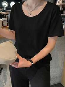 DAZY Women's Casual Basic Black Slightly Loose Fit T-Shirt, Summer - Black - View 7