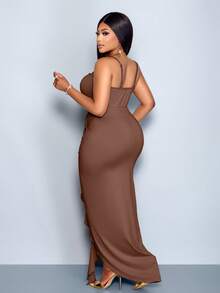 SOLERSUN Plus Size Beige Summer Elegant Maxi Dress, Ruffle Edge Sleeveless Strap Wedding Party Prom - Brown - View 5
